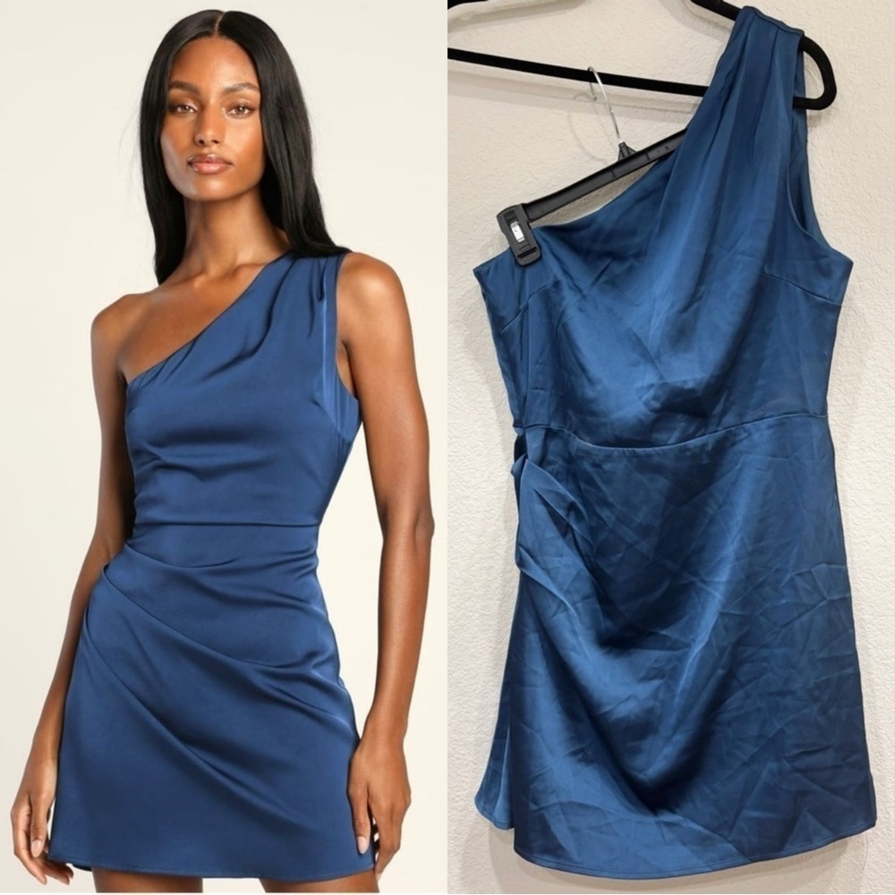 Size L - NWOT Lulus Love Me Tonight Navy Blue Satin One-Shoulder Mini Dress